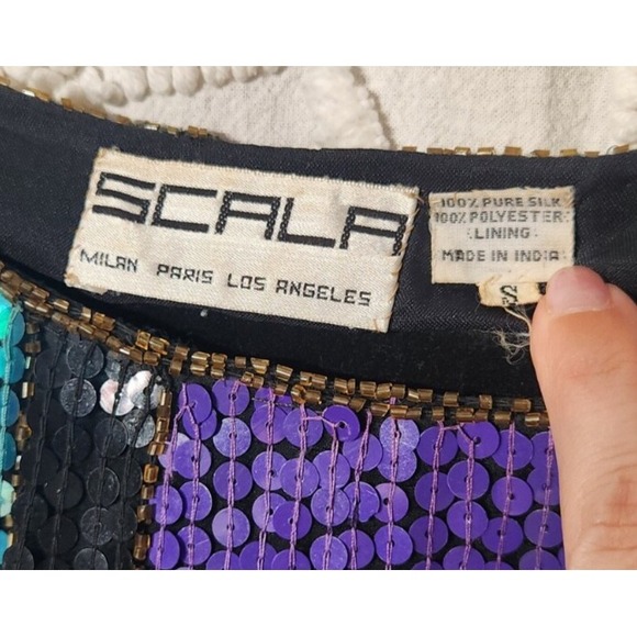 Vintage Scala Womens‎ All Over Sequin Silk Top Size Small Black Colorblock Retro - Picture 5 of 10